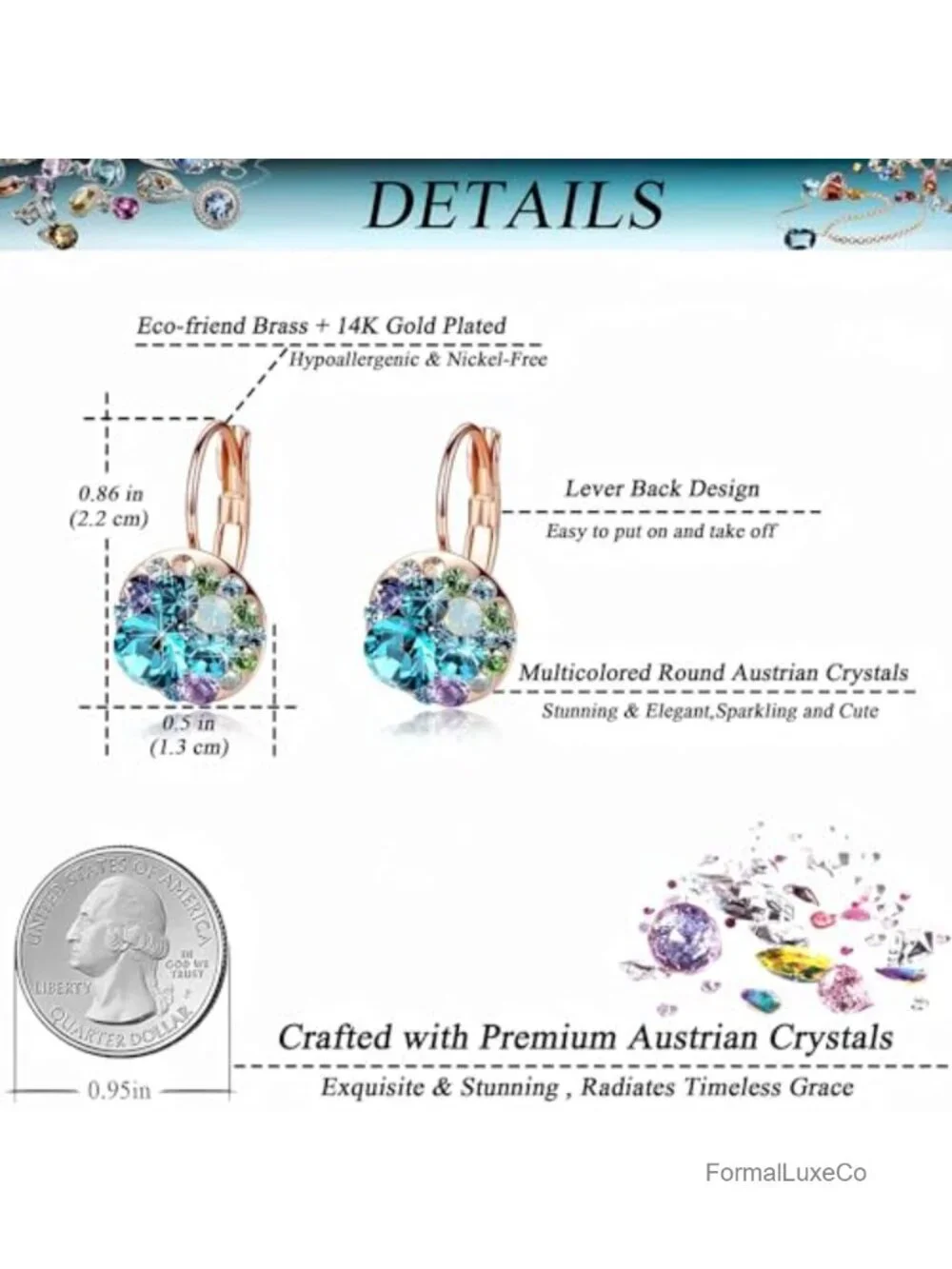 14K Gold Plated Crystal Leverback Dangle Hoop Earrings Hypoallergenic